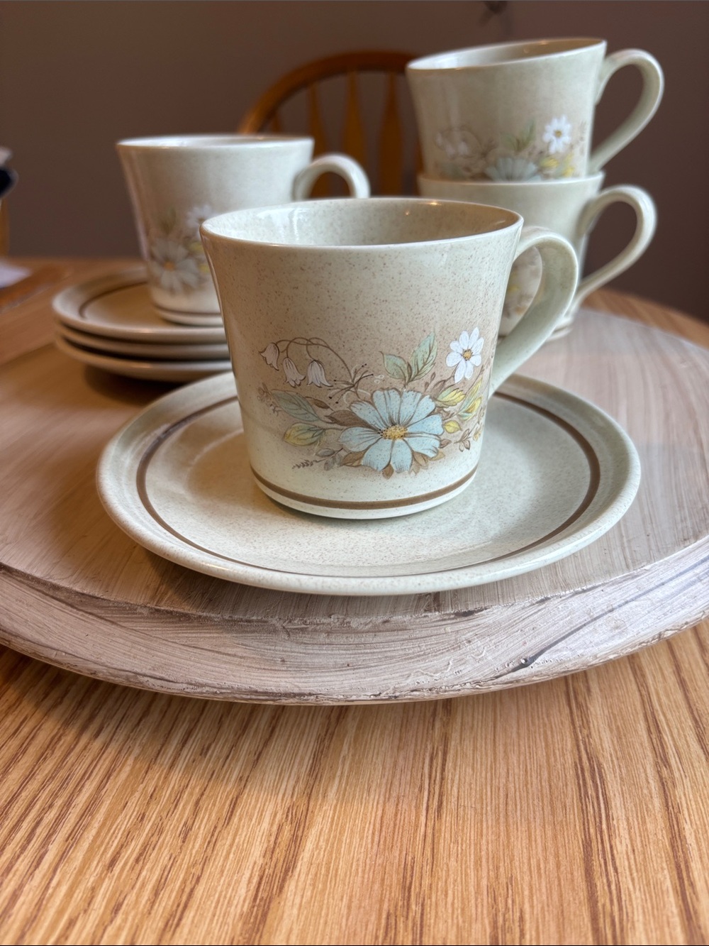 VintageRoyal Doulton Florinda Cream and Blue Floral Coffee/Tea Cups with Saucers